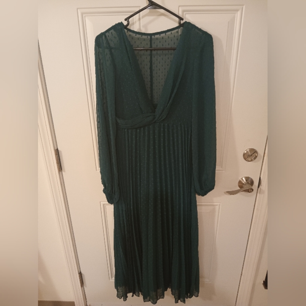 ASOS Green Maxi Dress with Pleated Wrap Design and Long Bishop Sleeves